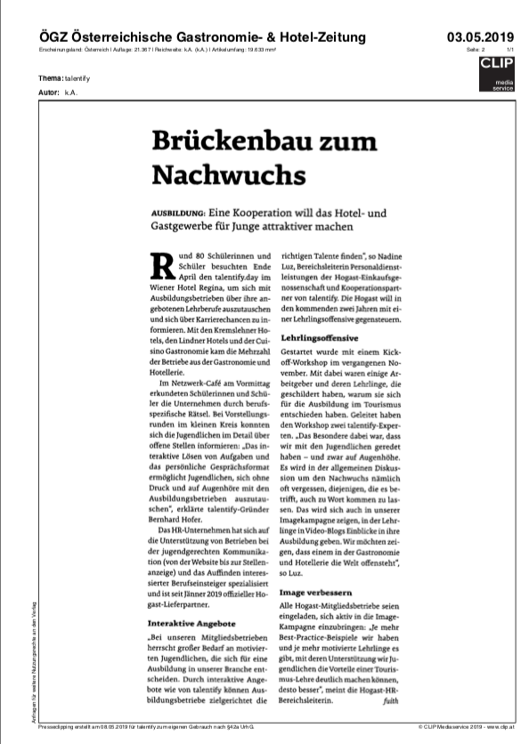 ÖGZ Österreichische Gastronomie- & Hotel-Zeitung: Brückenbau zum Nachwuchs